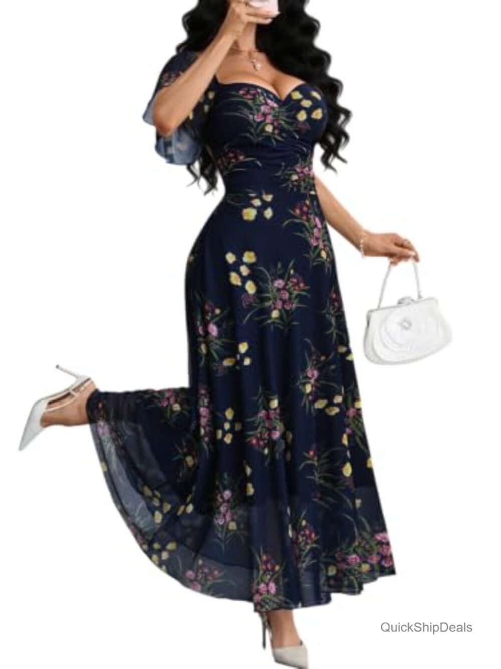 Women's Floral Mesh A-Line Short Sleeve Party Wedding Guest Dress